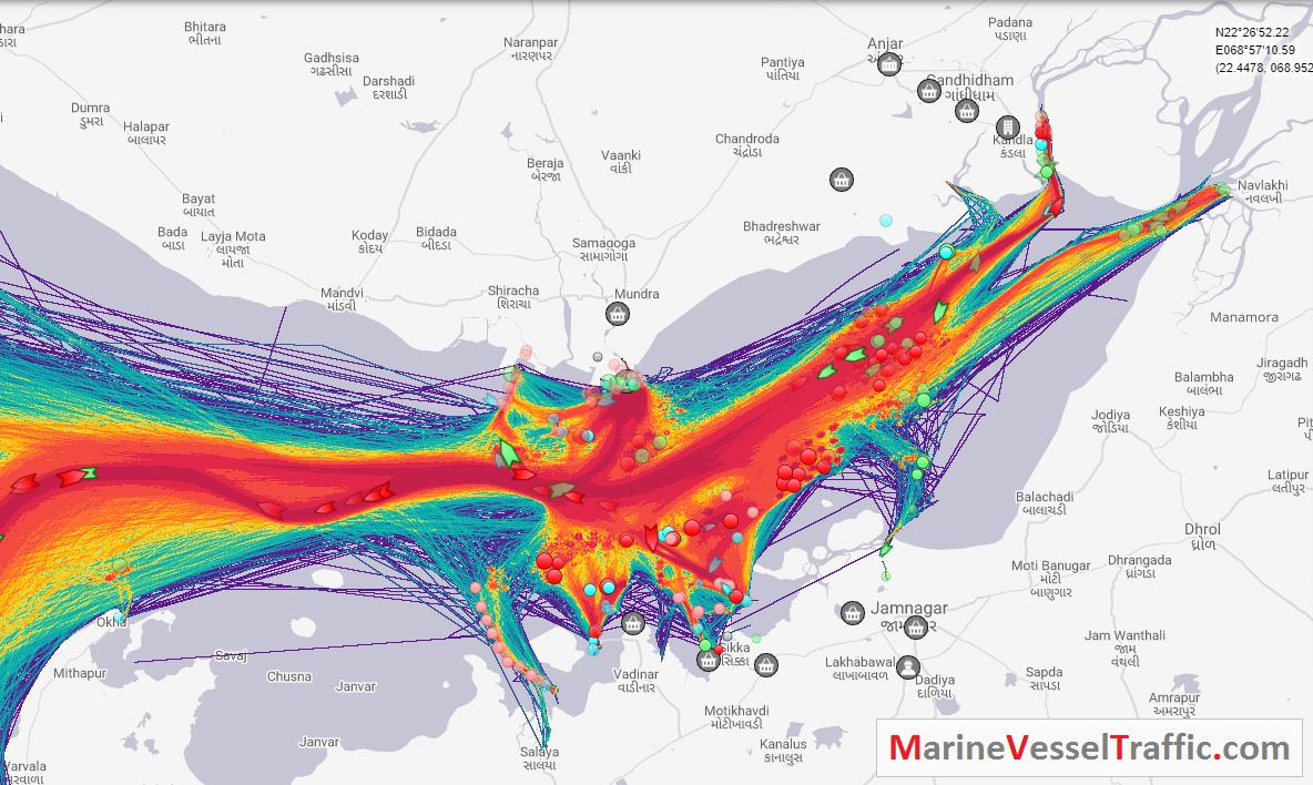 Live Marine Traffic, Density Map and Current Position of ships in GULF OF KUTCH